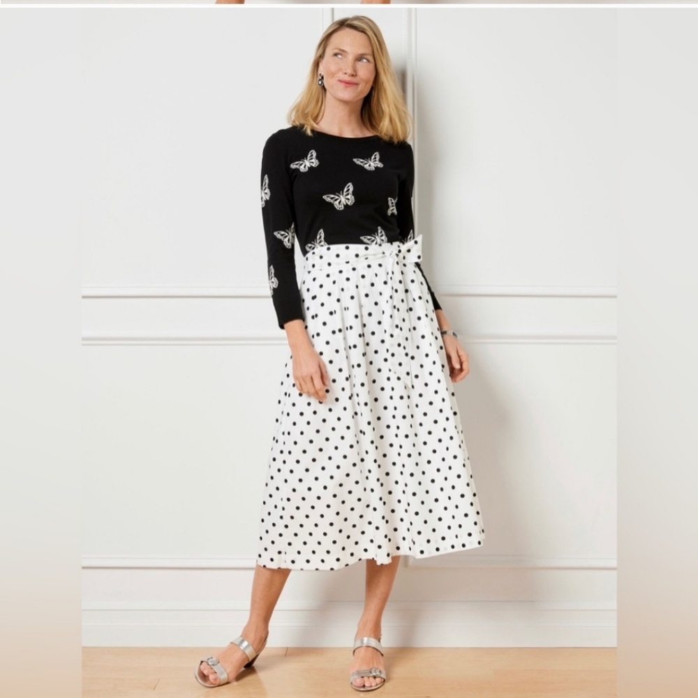 Talbots White and Black Midi A-line Skirt with Tie Front